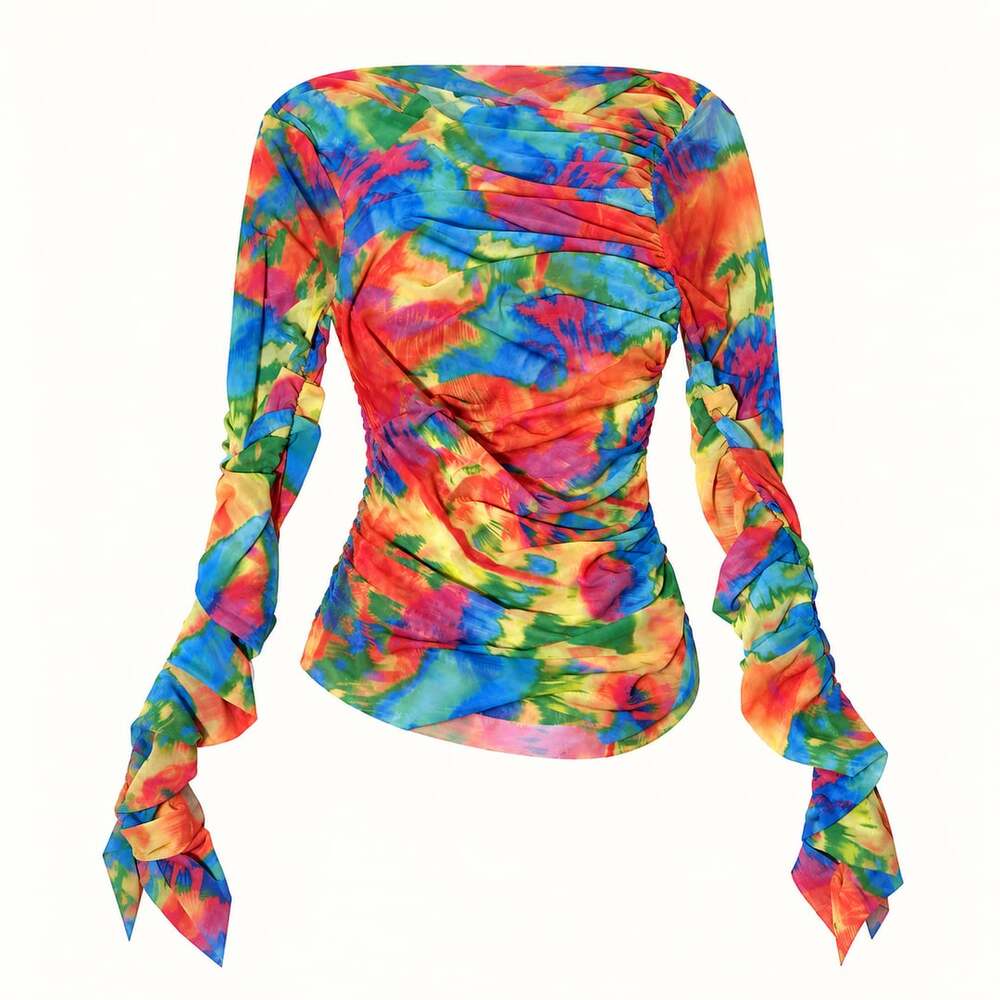 SER.O.YA Janey Long Sleeve Ruched Mesh Top Tie-Dye Rainbow Size XS